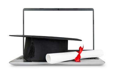 Isolated graduation hat and diploma on laptop with blank screen. Online learning concept