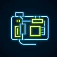 Glowing neon line Electronic computer components motherboard digital chip integrated science icon isolated on black background. Circuit board. Colorful outline concept. Vector