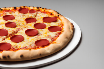 Side view of delicious, juicy pepperoni pizza - fatty fast food item