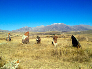 Famous Armenian landmark Carahunge or Karahunj or Qarahunj or Zorats Karer. Prehistoric archaeological site near the town of Sisian in the Syunik Province of Armenia. Armenian Stonehenge