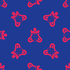 Fototapeta premium Red Princess or queen wearing her crown icon isolated seamless pattern on blue background. Medieval lady. Vector