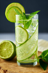 Cucumber, lime and mint lemonade. Refresment summer drink, Glass of detox water for dieting