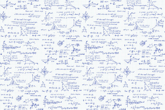 Education and scientific background. Math seamless pattern with the equations, figures, schemes, plots and other calculations on notebook page. Handwritten vector Illustration. 
