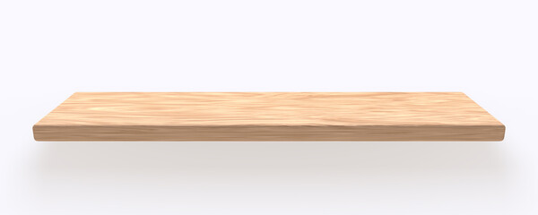 Wooden shelf, furniture panel or surface of desk. Realistic mockup of brown timber plank isolated on white background. Wood tabletop sheet of natural material, interior design element