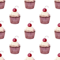 watercolor cherry cupcakes seamless pattern on white background