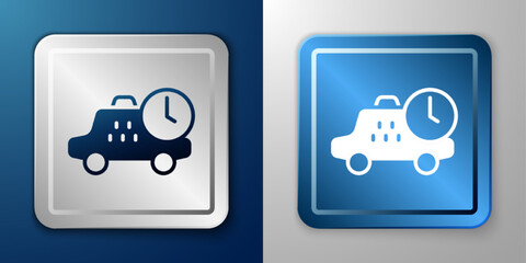 White Taxi waiting time icon isolated on blue and grey background. Car deadline, schedule ride. Silver and blue square button. Vector