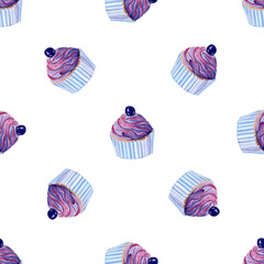 watercolor purple cupcakes seamless pattern on white background