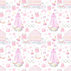 Nursery girls watercolor seamless pattern. Little girl. Baby girl. Baby crib, toys, canopy. Pink interior. Baby shower, birthday. White background. For printing on textiles, wrapping paper, postcards.