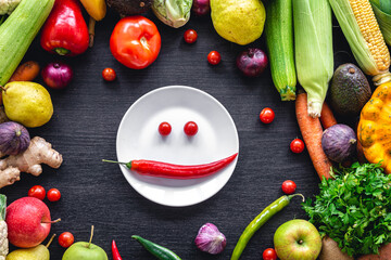 Flat lay, vegetables on a wooden background and an plate with paper.