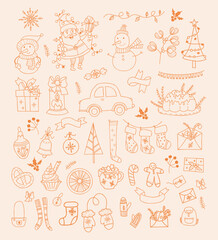 Christmas collection linear doodle. Cute Santa Claus, gift, snowman, gingerbread, christmas boot, candies, new year decor, holiday cake, car, desserts and spices. Isolated vector hand drawings
