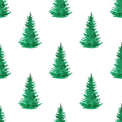 Watercolor fir trees seamless pattern on white background