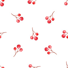 Watercolor red berries seamless pattern on white