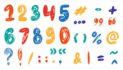 Set of hand drawn doodle numbers, math signs and punctuation marks