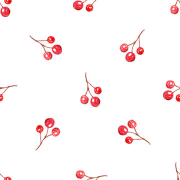 Watercolor Red Berries Seamless Pattern On White