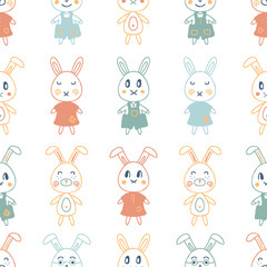 Childish seamless pattern with rabbits in doodle style. Perfect print for T-shirt, textile and fabric. Hand drawn vector illustration for decor and design.