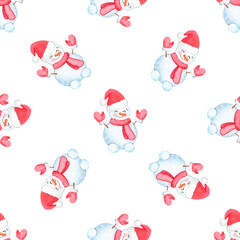 Watercolor snowman in red hat and scarf seamless pattern on white