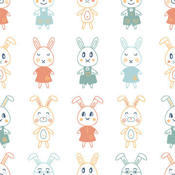 Childish seamless pattern with rabbits in doodle style. Perfect print for T-shirt, textile and fabric. Hand drawn vector illustration for decor and design.