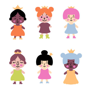 Cute little princess clipart collection in flat style. Perfect for posters, greeting cards, tee, logo, stickers and print. Isolated vector illustration for decor and design.