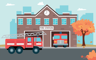 Fototapeta na wymiar Fire station building with fire trucks in the city