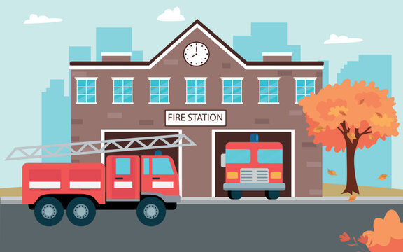 Fire station building with fire trucks in the city