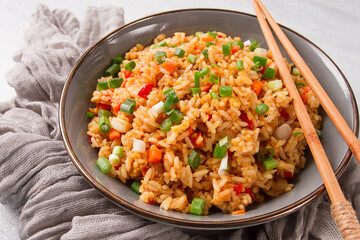 Fototapeta na wymiar Fried Rice, with vegetables and egg, Chinese cuisine, homemade, no people,
