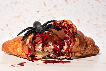 Croissant for Halloween. Bloody pastry with fake spider on light background. Scary, spooky, horror...