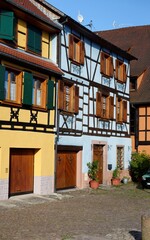 Nice blue fachwerkhaus, or timber framing house, in Alsace, France