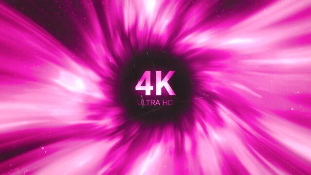 Animation with 4K sign. Motion. Luminous round stream of rays with 4K sign in center. Animation for showing video quality in 4K resolution