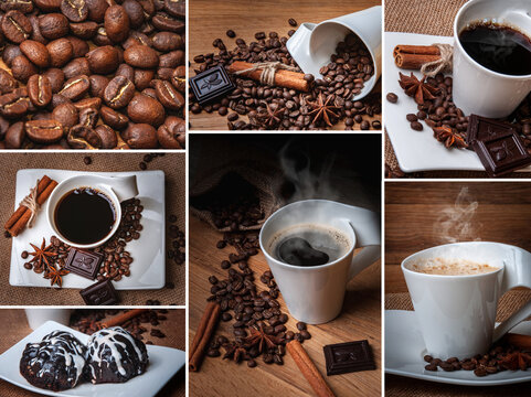 Collage of coffee pictures with white coffee cup with saucer.The pictures show cinnamon, coffee beans, star anise, chocolate brownies and dark chocolate chunks.