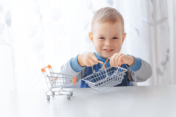 Shopping, discount, sale concept. Mall shopping. Buy products. Child playing shopping trolley cart,...