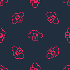 Red line Cloud computing lock icon isolated seamless pattern on black background. Security, safety, protection concept. Protection of personal data. Vector