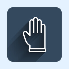 Obraz premium White line Rubber gloves icon isolated with long shadow background. Latex hand protection sign. Housework cleaning equipment symbol. Blue square button. Vector