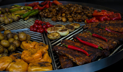 Barbecue meat with red pepper. Tasty food. swedish table