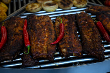 Barbecue meat with red pepper. Tasty food. swedish table