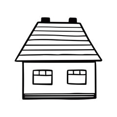 Hand drawn cute house. Doodle sketch style home. House building with window, roof. Vector illustration for home icon.