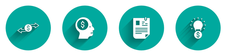 Set Money exchange, Business man planning mind, Resume and Light bulb with dollar icon with long shadow. Vector