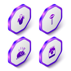 Set Isometric Corn, Lollipop, Roasted turkey chicken and Jam jar icon. Purple hexagon button. Vector