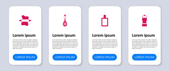 Set Pepper, Cutting board, Kitchen whisk and Rolling pin on dough. Business infographic template. Vector