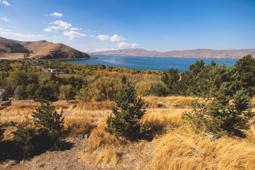 Sevan Lake, Armenia, beautiful aerial panoramic view of Sevan Lake, Gegharkunik Province, with Sevanavank monastery chapel in a summer sunny day