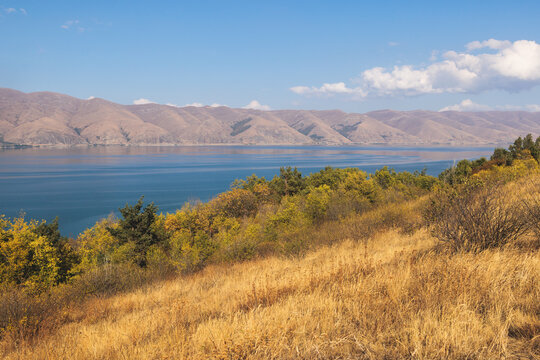 Sevan Lake, Armenia, beautiful aerial panoramic view of Sevan Lake, Gegharkunik Province, with Sevanavank monastery chapel in a summer sunny day