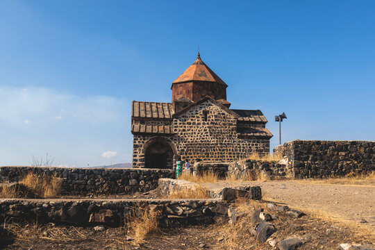 Sevan Lake, Armenia, beautiful aerial panoramic view of Sevan Lake, Gegharkunik Province, with Sevanavank monastery chapel in a summer sunny day