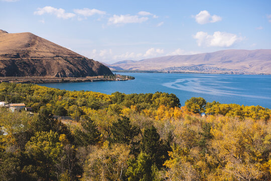Sevan Lake, Armenia, beautiful aerial panoramic view of Sevan Lake, Gegharkunik Province, with Sevanavank monastery chapel in a summer sunny day