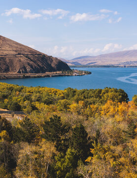 Sevan Lake, Armenia, beautiful aerial panoramic view of Sevan Lake, Gegharkunik Province, with Sevanavank monastery chapel in a summer sunny day