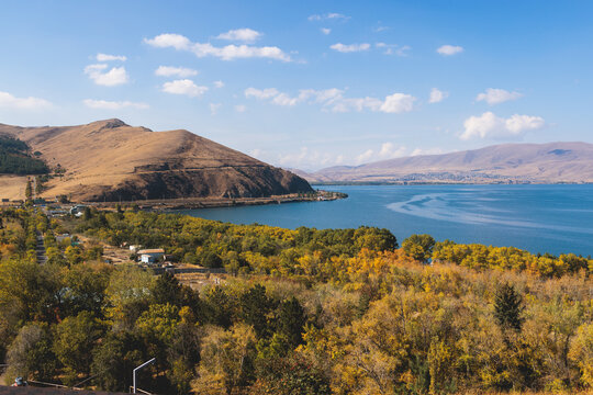 Sevan Lake, Armenia, beautiful aerial panoramic view of Sevan Lake, Gegharkunik Province, with Sevanavank monastery chapel in a summer sunny day