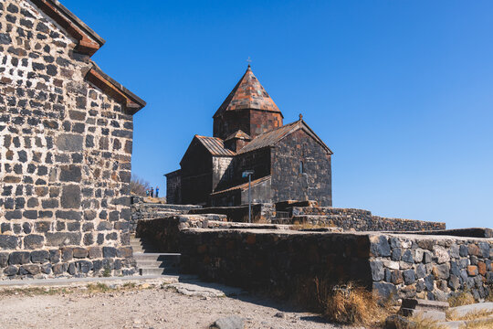 Sevan Lake, Armenia, beautiful aerial panoramic view of Sevan Lake, Gegharkunik Province, with Sevanavank monastery chapel in a summer sunny day