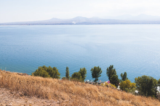 Sevan Lake, Armenia, beautiful aerial panoramic view of Sevan Lake, Gegharkunik Province, with Sevanavank monastery chapel in a summer sunny day
