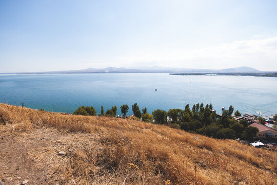 Sevan Lake, Armenia, beautiful aerial panoramic view of Sevan Lake, Gegharkunik Province, with Sevanavank monastery chapel in a summer sunny day