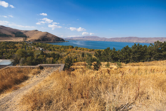 Sevan Lake, Armenia, beautiful aerial panoramic view of Sevan Lake, Gegharkunik Province, with Sevanavank monastery chapel in a summer sunny day