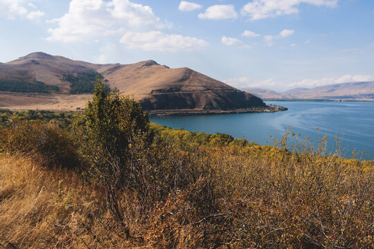 Sevan Lake, Armenia, beautiful aerial panoramic view of Sevan Lake, Gegharkunik Province, with Sevanavank monastery chapel in a summer sunny day