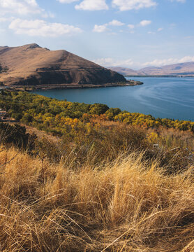 Sevan Lake, Armenia, beautiful aerial panoramic view of Sevan Lake, Gegharkunik Province, with Sevanavank monastery chapel in a summer sunny day